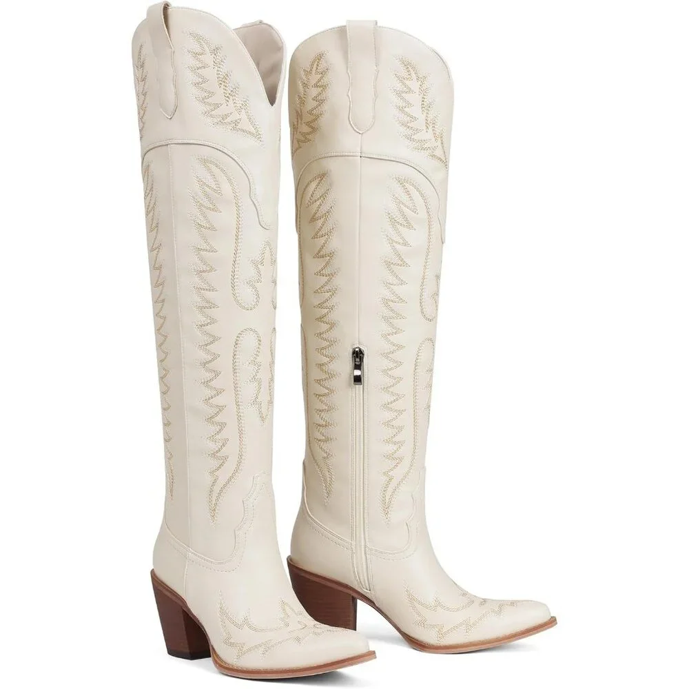 Women Over The Knee Western Boots Classic Embroidered Chunky Heel Slip On Beige - Picture 6 of 6